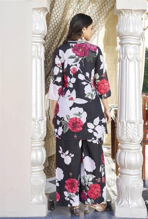 Black Floral Cotton Printed Co-Ord Set for Women