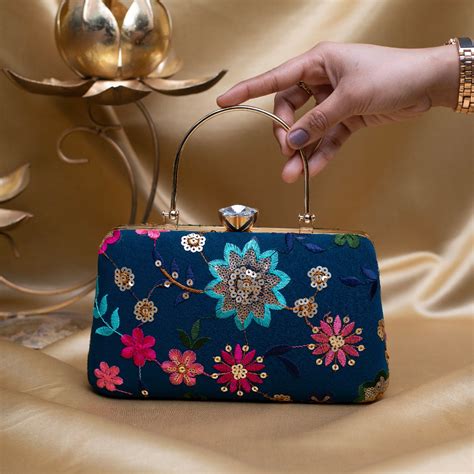 Artklim Blue Based Multicoloured Floral Embroidery Clutch