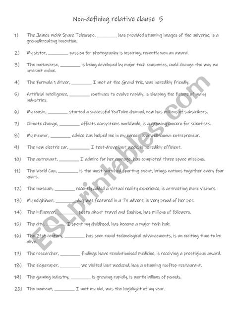 Defining and Non Defining Relative Clauses Worksheet 的图像结果