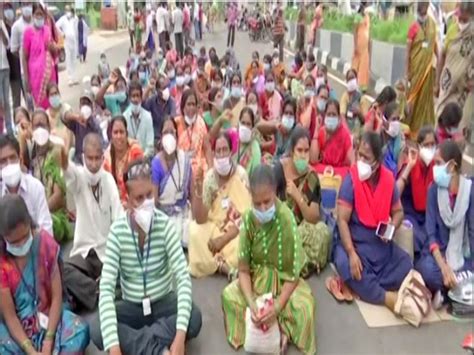 Outsourced health workers of Gandhi hospital stage protest in Hyderabad ...