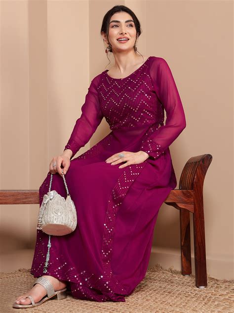 Magenta Sequence Embroidered Long Slit Kurta With Sharara Women's Co-O