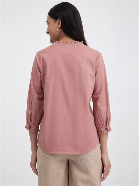 Buy Pink Solid Linen Blend Collared Top Online | Pink Fort