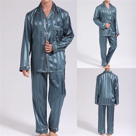 jsaierl Pajamas Set Mens Silk Satin Pajamas Long Sleeve Striped ...