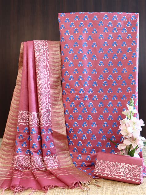 Handloom Block Printed Cotton Silk Salwar Kameez Dupatta Set-Onion Pin