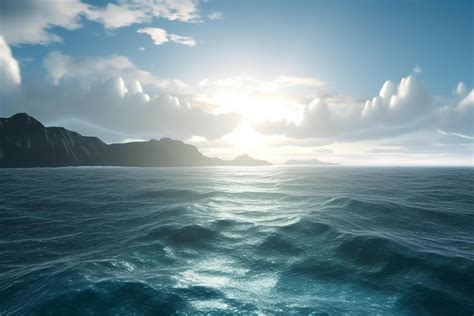 ocean Sea view cool mountain in background, cloudy sky, sunlight ...