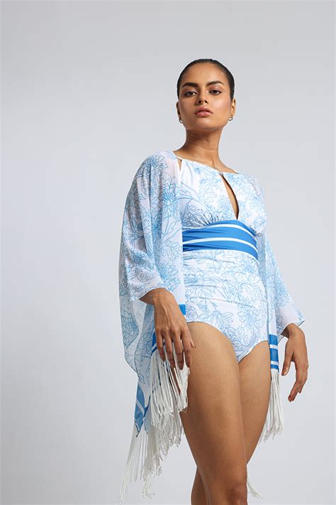 Blue & White Floral Print Shrug: The Perfect Swimwear Companion – Suman ...