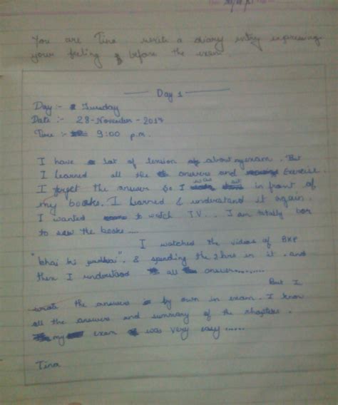 You are tina write a diary entry expressing ur feelings before the exam ...