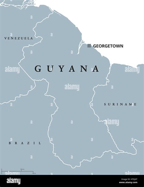 Guyana political map with capital Georgetown and national borders. Republic, country and ...