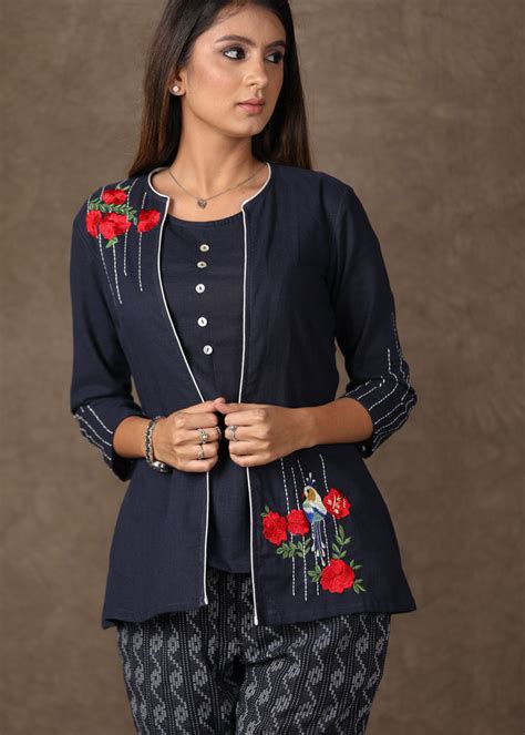 Exclusive Cotton Navy Blue Embroidered Shrug – Sujatra