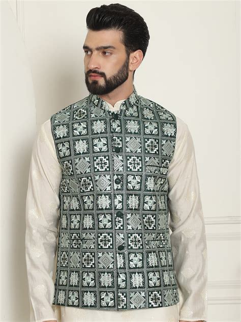 Men's Premium Silk Box Embroidered Green Nehru Jacket – Sojanya