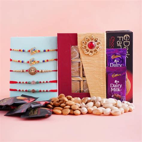 Send 5 Designer Rakhi Set with Dryfruits and Chocolates Online ...