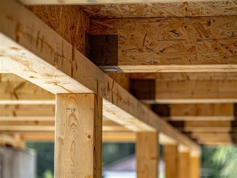 Aligned timber beams supporting roof structure on development site ...