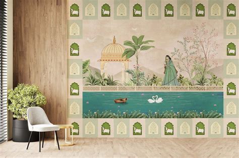 Traditional Mughal And Cow Pichwai Combined Classic Indian Pattern Wal ...