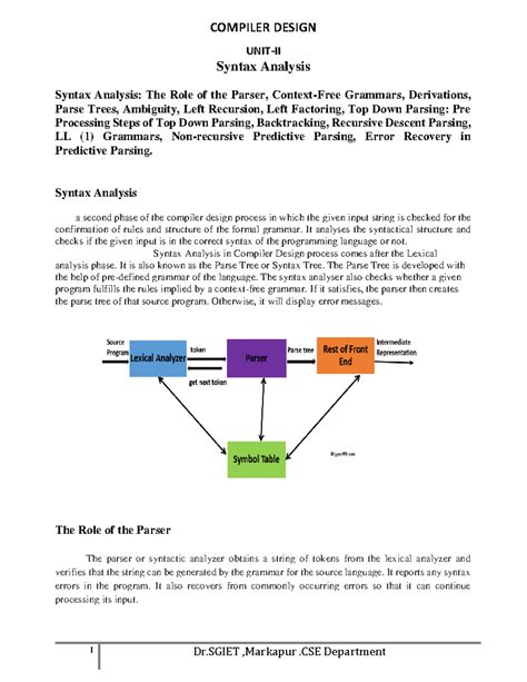 COMPILER DESIGN (CSE) Syntax Analysis: Parsing, Grammars, and Error ...