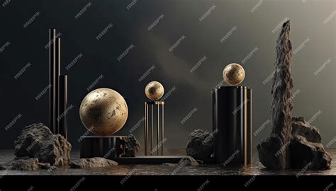 Black and gold pillars and blocks standing in water in the style of ...