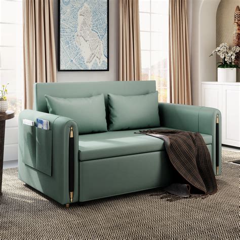 Mercer41 Shida Upholstered Sleeper Sofa Green Couch Faux Leather Green ...