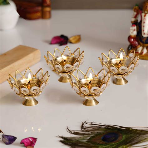 Set of 4 Lotus Shape Crystal Tea Light Holder – BlissDen