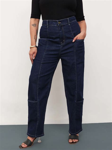 Buy Women Navy Blue Denim Hem Pocket Tapered Fit Jeans Online at Best ...