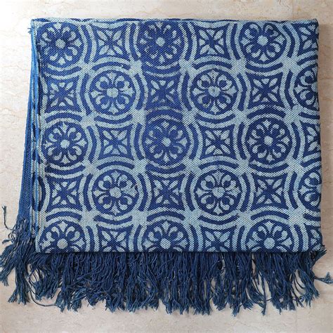Indigo Bliss Hand Block Printed Cotton Rug with Tassel Edges