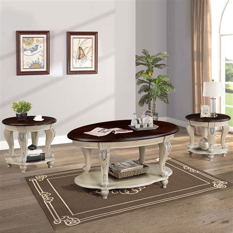 Royard Oaktree 3-piece Vintage Living Room Table Set, Oval Coffee Table ...