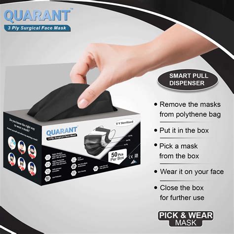 Buy QUARANT 3 PLY BLACK SURGICAL FACE MASK WITH ADJUSTABLE NOSE PIN UV ...