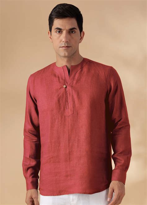 Terracotta Red Full Sleeve Pure Linen Short Kurta for Men – Linen Trail