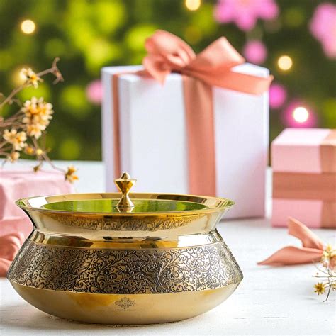 Indian Art Villa Pure Brass Embossed Handi with Lid - Cookware