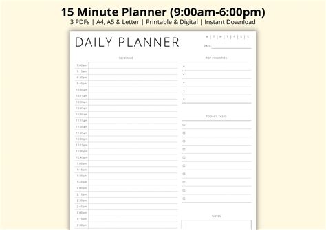 15 Minute Planner Printable, Time Blocking PDF, Day Schedule Template ...