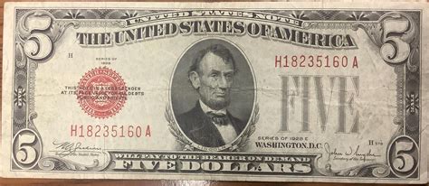 Red SEAL Series 1928 E Fünf (5) Dollar Note der Vereinigten Staaten von ...