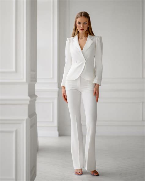 White Double Breasted Suit 2-Piece | Pantsuits for women, White bell ...
