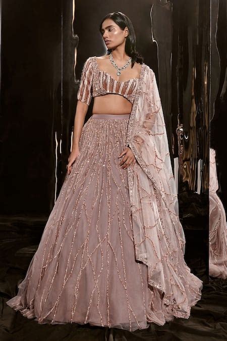 Buy Brown Net Sequins Sweetheart Neck Cluster Embellished Lehenga Set ...