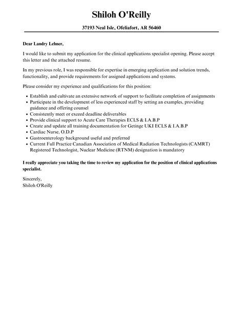 Clinical Applications Specialist Cover Letter | Velvet Jobs