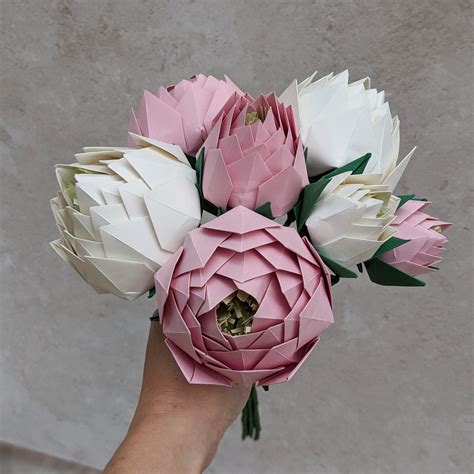 Peony origami bridal bouquet, paper wedding flowers – Origami Blooms