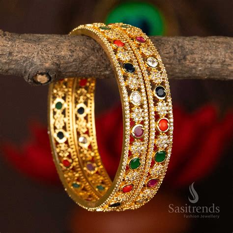 Traditional Micro Gold Plated Navarathna AD Stone Bangles Pair – Sasitrends