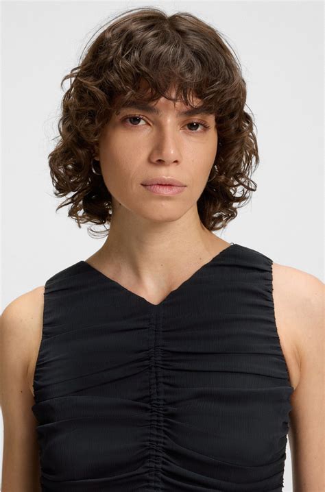 BOSS - Sleeveless dress with plissé chiffon skirt - White / Dark Blue