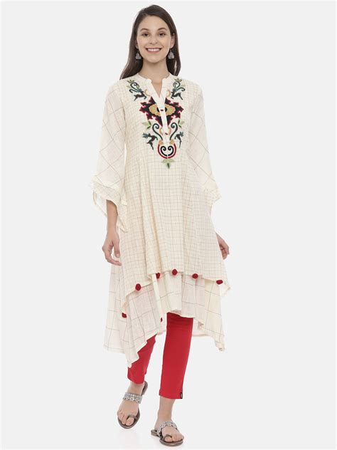 Neerus Women Cream-Coloured Embroidered Layered A-Line Kurta – Neerus India