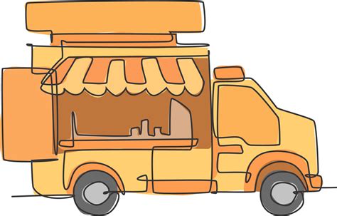 Single continuous line drawing of stylized food truck parking logo label. Mobile fast food ...