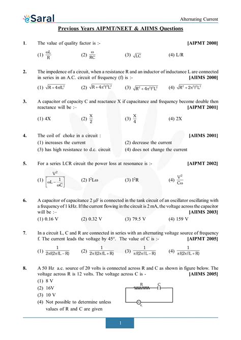 Alternating Current - NEET Previous Year Questions with Complete Solutions