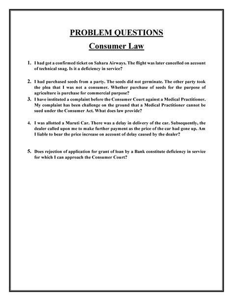 Problem questions- Consumer Law - PROBLEM QUESTIONS Consumer Law 1. I ...