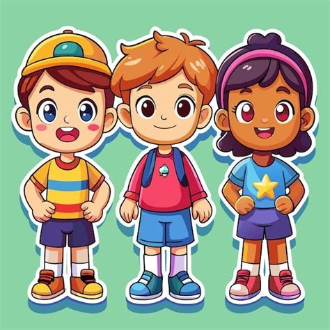 Three cartoon kids standing together smiling with a green background ...