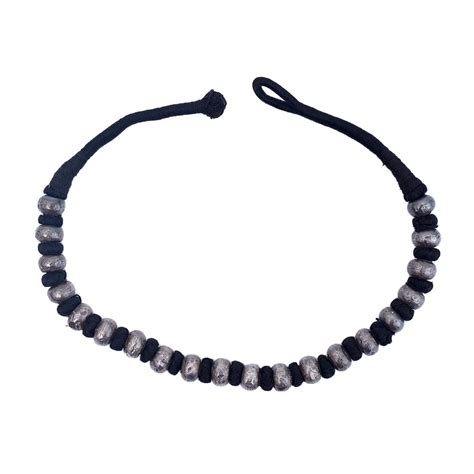 Tribal Black Thread and Oxidized Silver Bead Necklace