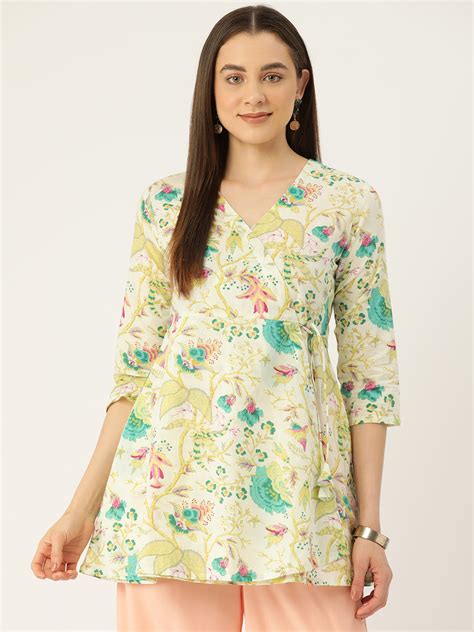 Floral Print Angrakha 3\4 Sleeves Flared Kurti – feranoid