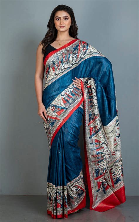 Traditional Tussar Gicha Kalamkari Saree in Denim Blue, Red, Beige, Gr ...