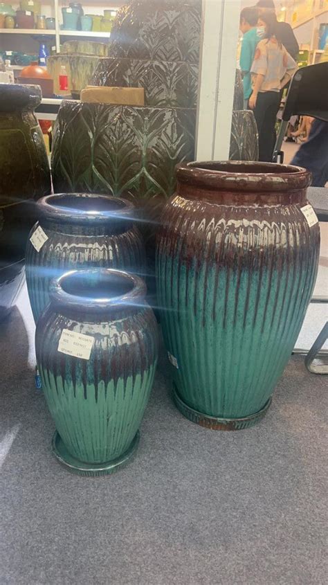 Vibrant Coffee& Sky Blue Ceramic Planters with Saucers - Set of 3 ...