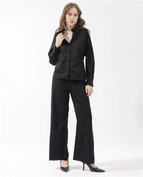 Rareism Women's Letizia Black Cotton Blend Spread Collar Plain Relaxed