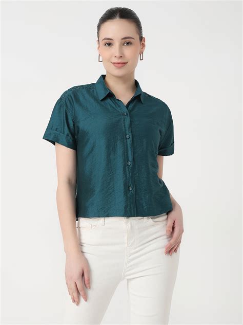 Buy Women Deep Lake Slim Fit Crop Shirt | Kraus Jeans