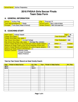 Fillable Online fhsaa 2016 FHSAA Girls Soccer Finals Team Data Form ...