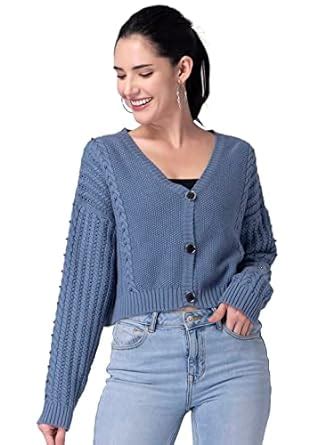 Buy FabAlley Women's Acrylic Blue Embellished Buttoned Cardigan ...