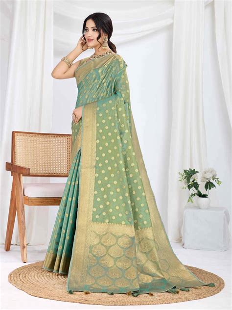 Buy Seagreen Pure Tissue Silk Banarasi Saree With Brocade Blouse Piece ...