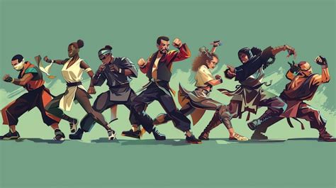 A group of diverse characters in martial arts poses ready to fight they ...